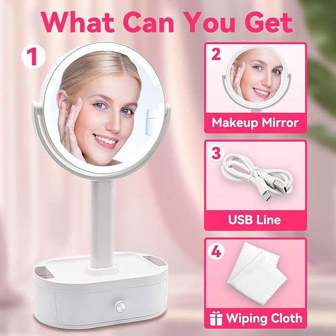 Makeup Mirror with Lights, 10X Magnifying Mirror with Light - 80 LED Vanity Mirror, 3 Color Modes & Stepless Dimming, Lighted Makeup Mirror with Magnification, Shatterproof & Stable Base