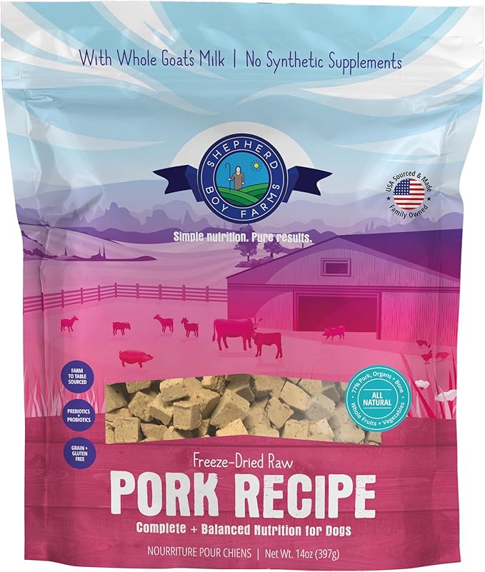 Freeze Dried Raw Dog Food, Pork Recipe, All Natural, No Synthetics, Made in USA with Goat's Milk & Organic Produce, High Protein, Complete Meal (14oz)