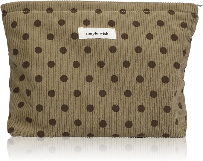 Wudygirl Travel Makeup Bag Cute Cosmetic Bag Large Capacity Makeup Pouch Make Up Organizer for Women and Girls Portable Toiletry Bag Corduroy Zipper Pouch (Brown Polka Dots)