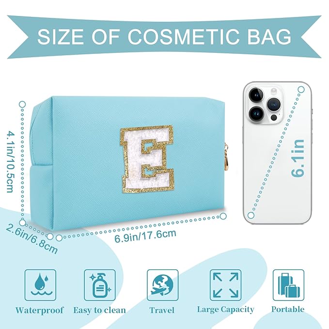 Small Personalized Initial A-Z Preppy Patch Makeup Bag,PU Chenille Letter Travel Cosmetic Pouch with Zipper,Blue Cute Toiletry Bag,Gift Ideal for Teen Girls Women Teacher Bridesmaid,Letter E