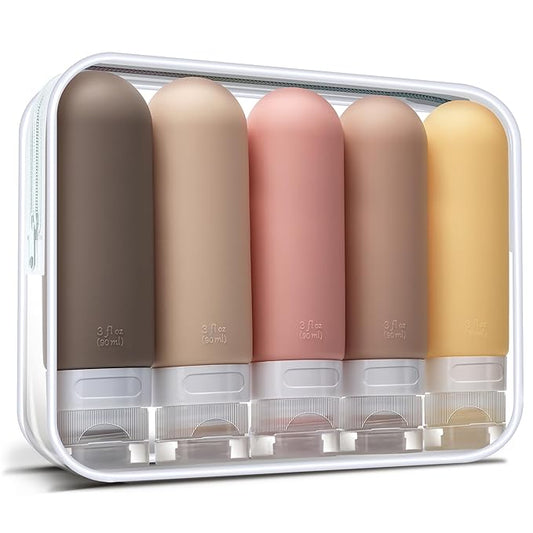 3oz Travel Bottles for Toiletries,Silicone Leak Proof Squeezable Travel Containers,TSA Approved Travel Essentials Bag for Shampoo Conditioner,5 Pack,Brown Pack
