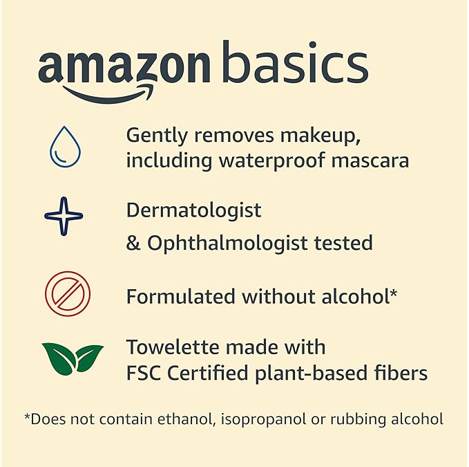 Amazon Basics Makeup Remover Wipes, Gentle Cleansing, Dermatologist Tested, Original, Plant Based, Alcohol Free, Removes Waterproof Mascara, 25 Count Per Pack, Pack of 6 (Previously Solimo)