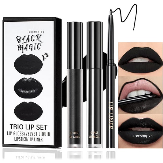 3 in 1 Black Matte Lipstick and Lip Liner Set, Liquid Lipstick Lip Gloss, Smudge Proof, Waterproof and Long Lasting for Halloween Cosplay Goth Makeup