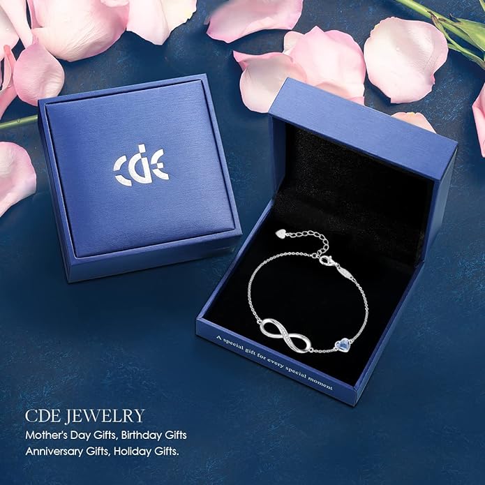 CDE Infinity Heart Birthstone Charm Link Bracelet for Women 925 Sterling Silver Adjustable Mother's Day Gift Anniversary Birthday Jewelry for Wife Girlfriend Her