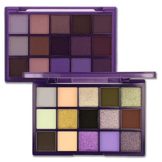 Erinde Purple Eyeshadow Palette, 15 Colors Violet Lavender Green Smokey Eye Shadow Pallet, Matte Shimmer Metallic Glitter, Highly Pigmented Blendable Makeup Kit for Cosplay, Halloween & Parties