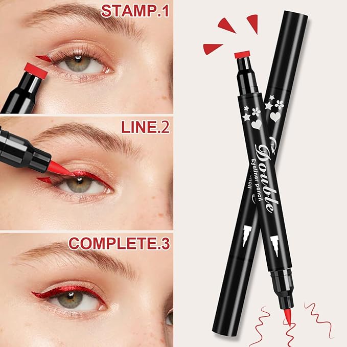 4PCS Red Eyeliner Pen Set, Eyeliner Stamp, Double-headed Red Liquid Eye liner Pencil for Women Eye&Lip Liner Professional Waterproof Halloween Makeup, Star,Triangle,Flower,Heart