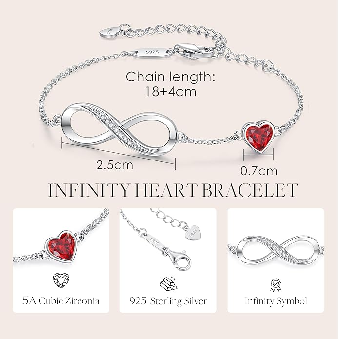 CDE Infinity Heart Birthstone Charm Link Bracelet for Women 925 Sterling Silver Adjustable Mother's Day Gift Anniversary Birthday Jewelry for Wife Girlfriend Her