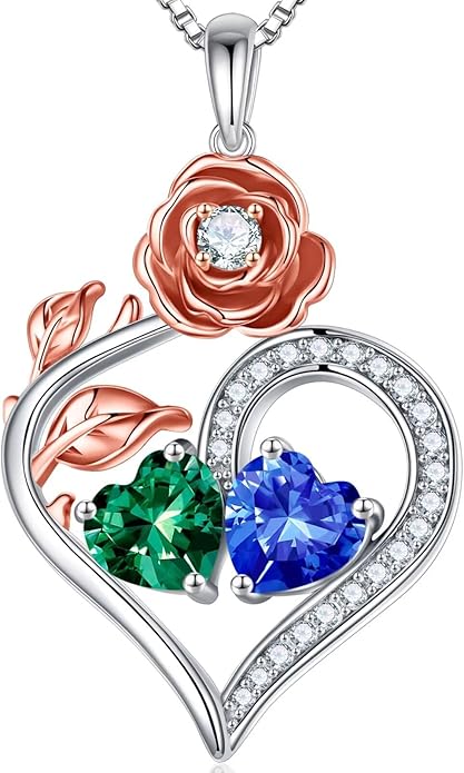 Iefil Rose Heart Birthstone Necklaces for Women - 925 Sterling Silver Double Birthstone Necklace, Anniversary Birthday Gifts for Women, Jewelry Gifts for Wife Her