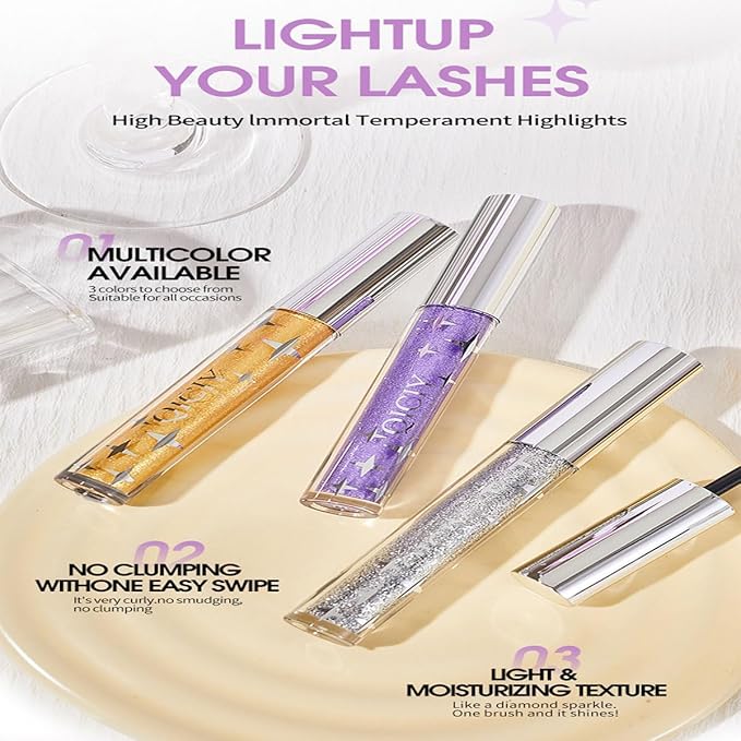 3PCS Glitter Mascara for Eyelashes,Waterproof Long Lasting Silver Gold Purple Color Diamond Sparkly Mascara, Lengthening Volumizing Colorful,Party Wedding Stage Use Halloween Christmas Makeup