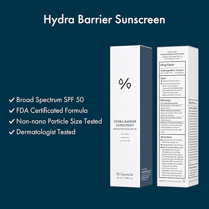 Dr.Ceuracle Hydra Barrier Mineral Sunscreen Broad Spectrum SPF 50 - Korean Sunscreen with Zinc Oxide and Hyaluronic Acid, Dewy Glow (50 ml / 1.69 fl. oz.)