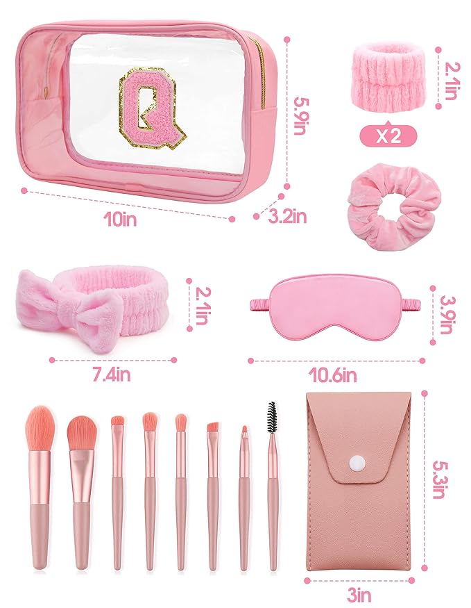 Gift Sets for Women, Initial Makeup Bag with Makeup Brush Set Bachelorette Party Favors, Pink Spa Kit with Skincare Headbands Wrist Bands Sleepover Party Supplies Gifts for Teen Girls Bridesmaid Q