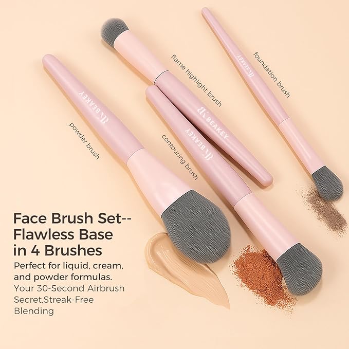 BEAKEY Pink Makeup Brushes Set–10 Pcs Taklon Bristles for Foundation Powder Blush Contour Eyeshadow & Concealer with Durable Birch Handles