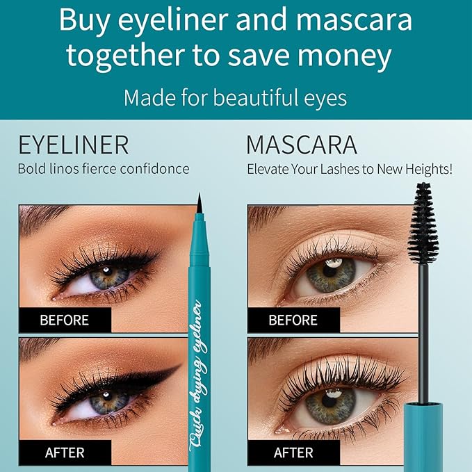 New Extension Mascara & Eyeliner Set, Black Volume and Length Mascara Waterproof Smooth Eyeliner, Smudge-proof Natural No Clumping Smudging Lasting All Day