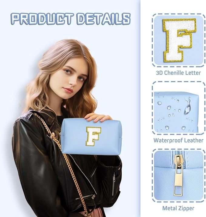 TOPEAST Travel Makeup Bag, Personalized Initial Toiletry Bag w Zipper, Cute Makeup Pouch, PU Leather Waterproof Cosmetic Bag, Birthday Gift for Daughter, Preppy Things for Girls (Sky Blue G)