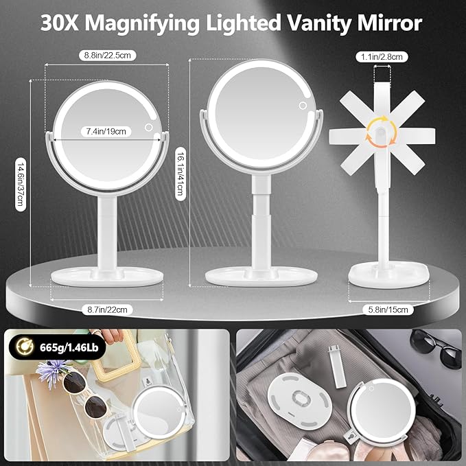 MIYADIVA Makeup Mirror with Lights, 30X Magnifying Mirror with Light and Touch Switch, Vanity Mirror with 3 Color Light and 80 LEDs, Height Adjustable Desk Mirror with Lights, White