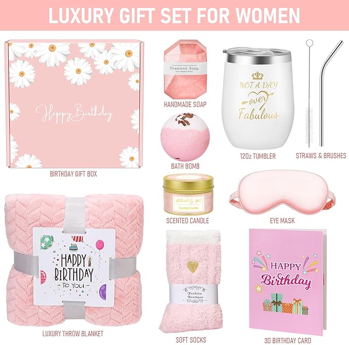 Birthday Gifts for Women Friendship, Happy Birthday Gifts Basket for Mom Friend Sister Wife Her Birthday Gift Unique, Luxury Self Care Gift Rose Relaxing Spa Gifts Set with 3D Birthday Card for Women