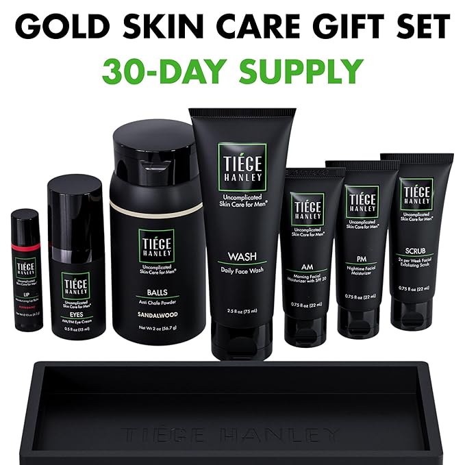 Tiege Hanley Men’s Skin Care Gift Box Set, Gold – Includes Face Wash, Scrub, AM/PM Moisturizers, Eye Cream, Body Powder, Lip Balm & Organizer Tray