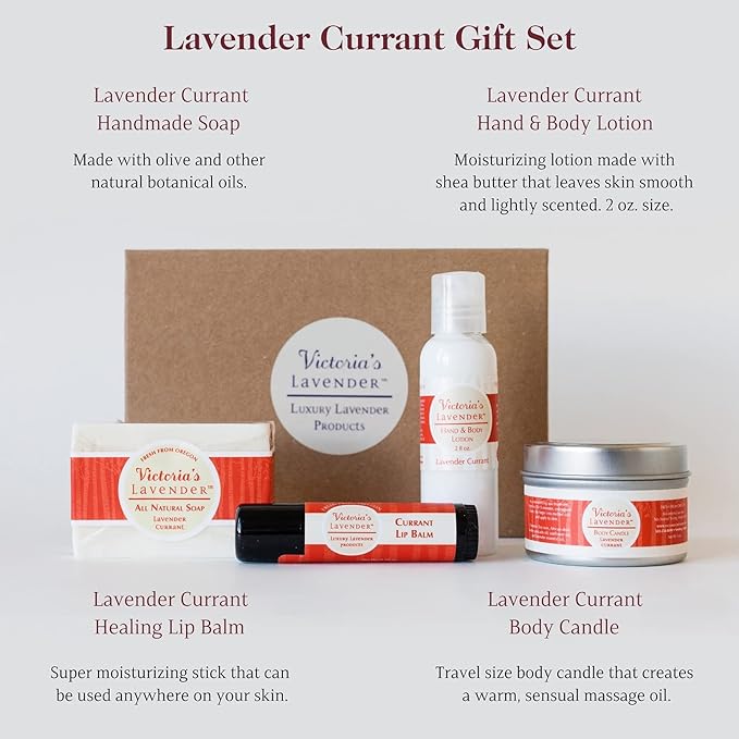 Victoria's Lavender Natural Body Products Gift Set - Handmade Soap, Hand & Body Lotion, Lip Balm, Body Candle Skin Care Set & Kit, Made in USA Lavender Bath & Body Products for Women, Lavender Currant