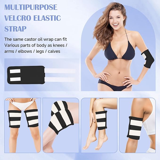 Castor Oil Pack Wrap, 9 Pcs Organic Castor Oil Packs Kit for Entire Body Neck Shoulder Waist Back Hand Knee Leg and Feet, Reusable Pads Kit for Hot/Cold Castor Oil Compress for Woman/Man【Black】