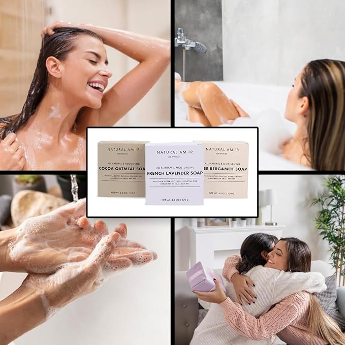 Natural Amor All Natural Handmade Soap Bar, Nourishing 3 pack- Rose Bergamot, Lavender, Unscented Oatmeal Bar Soap, 4.3 OZ each