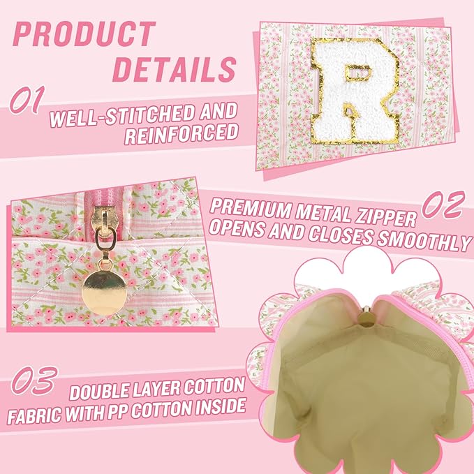 Personalized Quilted Cosmetic Bag, Puffy Monogrammed Christmas Birthday Gifts for Women & Girls, Cute initial Floral Makeup Bag Puffer Coquette Bag, Aesthetic Travel Toiletry Zipper Pouch(Pink,R)