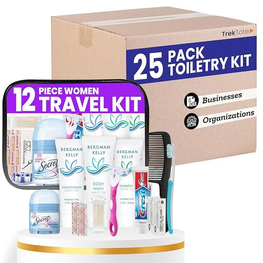 Trektote Bulk Hygiene Kit For Women – (25 Pack) 12 Piece Set Of Travel Size Toiletries, TSA Compliant, Bulk Travel Essentials, Includes Shampoo And Conditioner, Body Wash, Toiletry Bag & More