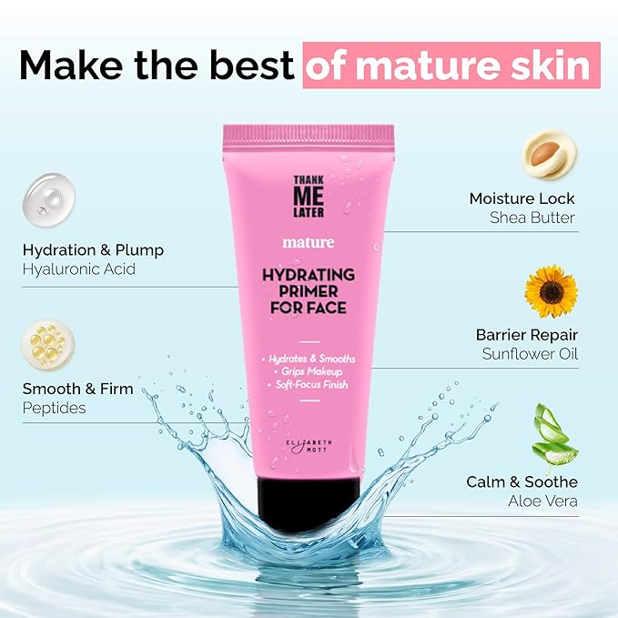Elizabeth Mott Thank Me Later Hydrating Primer for Mature Skin – Lightweight, Gripping Face Primer for Dry, Sensitive, or Aging Skin – Smooths Texture & Hydrates with Hyaluronic Acid & Peptides, 30g