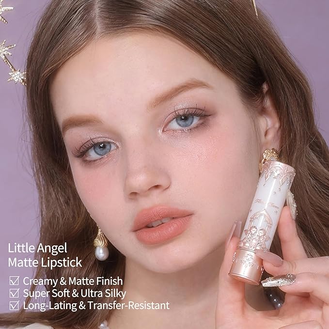 Flower Knows Little Angel Matte Lipstick,Super Soft & Ultra Silky Lip Mud Stick,Long Lasting & Moisturizing Vegan Lip Makeup for Girls&Women,Velvety Nude Peachy Finish(C01 Starry Cross)