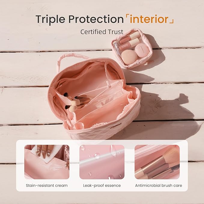 LOVEVOOK Travel Makeup Bag for Women, 2Pcs Puffer Waterproof Cosmetic Organizer, Large Capacity Pouch Open Flat Small Toiletry Bag with Brush Compartment & Handle, Portable Gift for Her, Pink