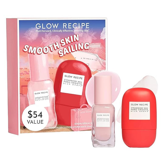 Glow Recipe Smooth Skin Sailing Skincare Set - Watermelon Glow Pink Juice Facial Moisturizer + Silicone-Free BHA Strawberry Pore Minimizer Blurring Drops (2 Count)