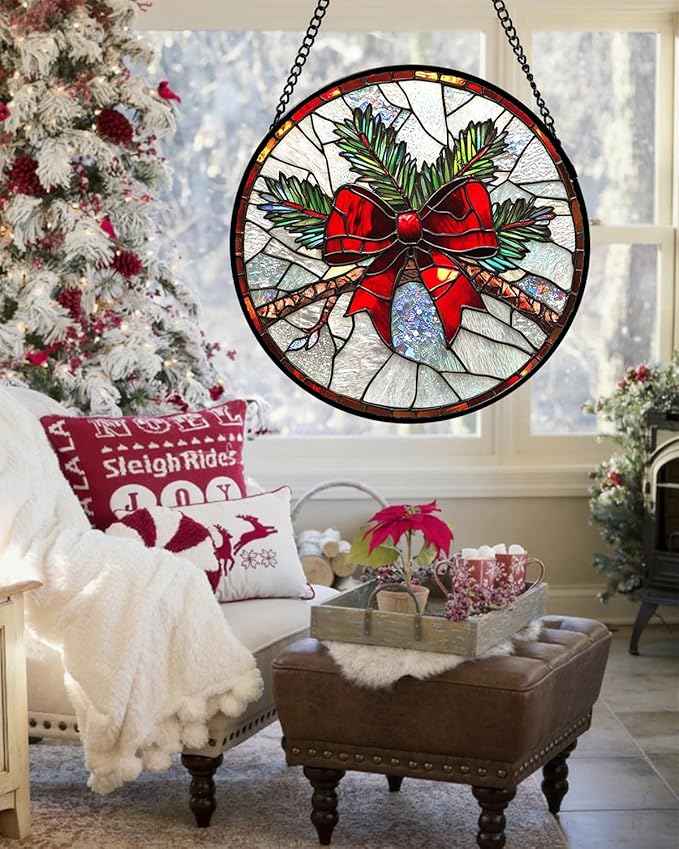 Stained Glass Window Hanging - Pine Branches Red Bow Suncatcher for Doors Home Christmas Decoration Silver Sun Catcher Thanksgiving New Year Birthday Gifts for Women Men Mom Nana 9.8 in
