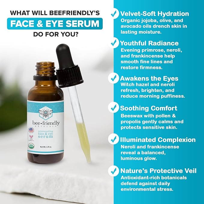 Organic Face & Eye Serum By BeeFriendly, Deep Hydration, Nourishes, Tightens, and Firms Facial Skin, and Lifts Facial Skin USDA Certified & All Natural Serum for Face, Women or Men, 1 oz