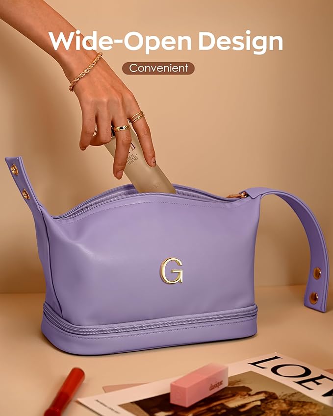 Initial Makeup Bag Personalized Bags with Handle, Waterproof Double Layer Cosmetic Bag, Large Capacity PU Leather Makeup Bags Letter Travel Toiletry Bag with Makeup Brush Organizer