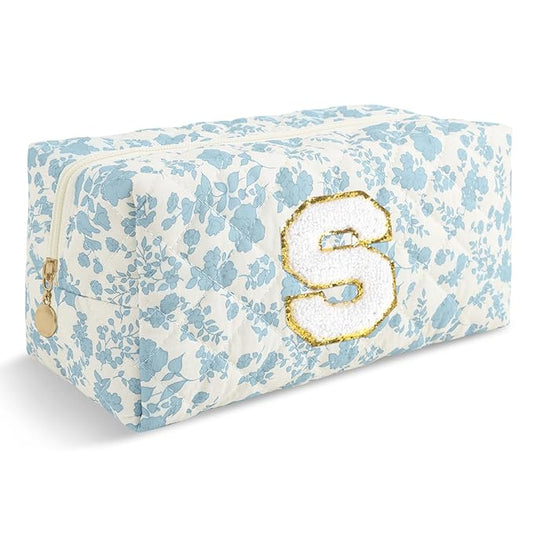 Personalized Quilted Cosmetic Bag, Puffy Monogrammed Christmas Birthday Gifts for Women & Girls, Cute initial Floral Makeup Bag Puffer Coquette Bag, Aesthetic Travel Toiletry Zipper Pouch(Blue,S)