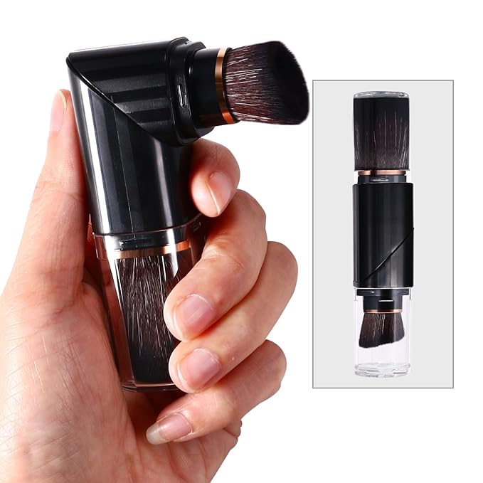 Vtrem Retractable Travel Makeup Brush: 3 Colors Kabuki Double-Ended Foundation Blush Brushes Set Mini Compact Face Brush with Cover Highlighter Flawless Powder Cosmetics, Blue Black Purple