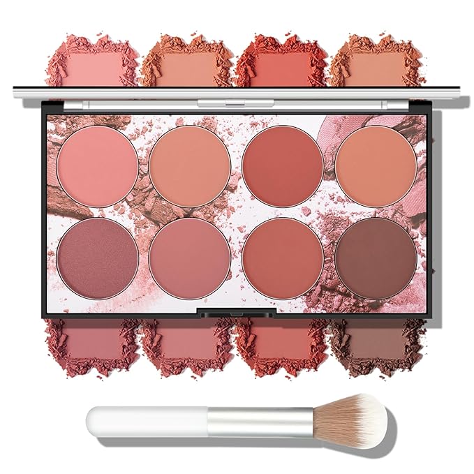 KYDA 8 Colors Face Blush Palette, Natural Matte Blush Palette, Smooth Blendable Powder, Multiuse Blusher Makeup with Contour and Highlighter