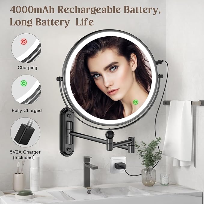 9" Wall Mounted Makeup Lighted Mirror, 4000mAh Rechargeable Double Sided LED Vanity Mirror with Height Adjustable&1X/10X Magnification, 3 Color Lights Touch Screen Dimmable 360°Swivel Bathroom Mirror