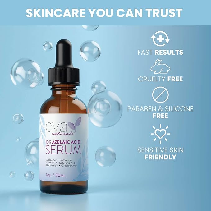 Eva Naturals Azelaic Acid Serum for Face – Niacinamide, Hyaluronic Acid, Vitamins A+C+E – Redness Relief, Dark Spots, Uneven Skin Tone, Texture, Pores, Topical Booster for Clearer, Smoother Skin, 1oz