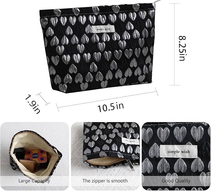 Wudygirl Cute Makeup Bag Cosmetic Bag Travel Cosmetic Pouch for Women Aesthetic Canvas Make up Organizer with Zipper Large Capacity Handbag Pencil Pouch (Black Heart)