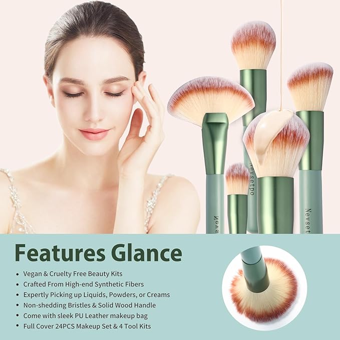 28PCS Makeup Brushes Set, Quality Make Up Brushes for Women, Makeup Brush Sets & Kits for Beginner Starter Professional,Soft Brushes with Blenders Masks Spatula,Travel-Friendly Gift Case, Green