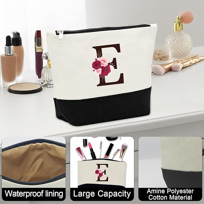 Birthday Gifts for Women,Initial Canvas Tote Bag,Monogrammed Gift for Women,16oz Initial Glass Cup,Makeup Bag with Zipper,Jewelry Organizer Box,Personalized Gifts for Mom-E
