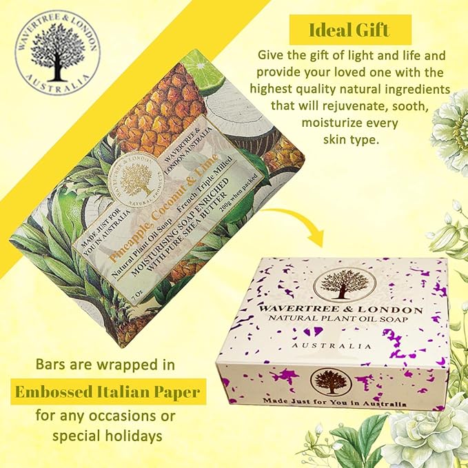 Wavertree & London Pineapple, Coconut & Lime Scented Natural Soap (2 Bars), 7oz Moisturizing French Triple Milled Soap Bars enriched with shea butter - Pure Plant Oil Bath & Body Soap Bars
