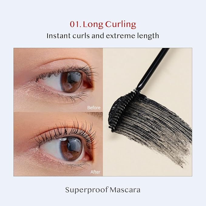 CLIO Kill Lash Superproof Mascara, Waterproof Mascara Black, Lengthening & Lifting for Defined Eyelash, Long-Lasting, Clump & Smudge-Free, for Sensitive Eyes, Korean Makeup Beauty (001 Long Curling)