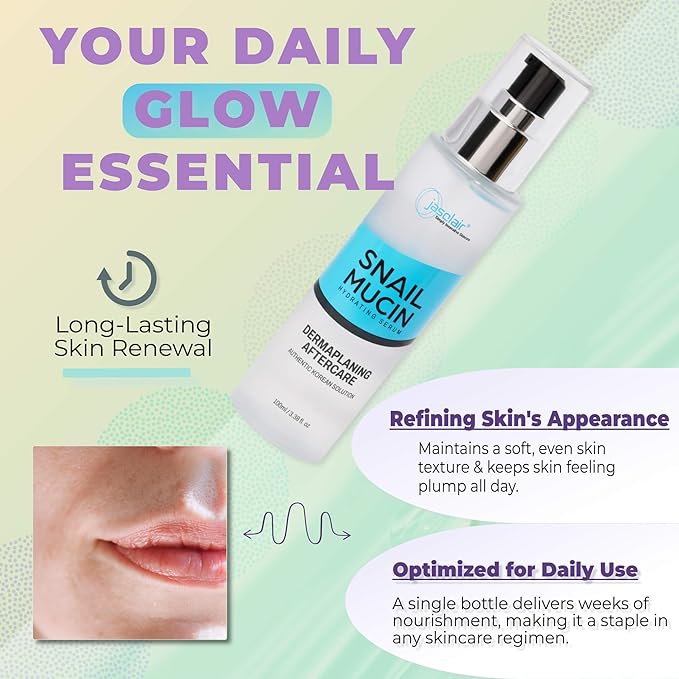 Snail Mucin Hydrating Serum for Post-Dermaplaning – Korean Beauty Skincare to Soothe, Hydrate & Renew Skin After Face Razors & Dermaplaning Tools – Ideal For Dermplane and Daily Routine