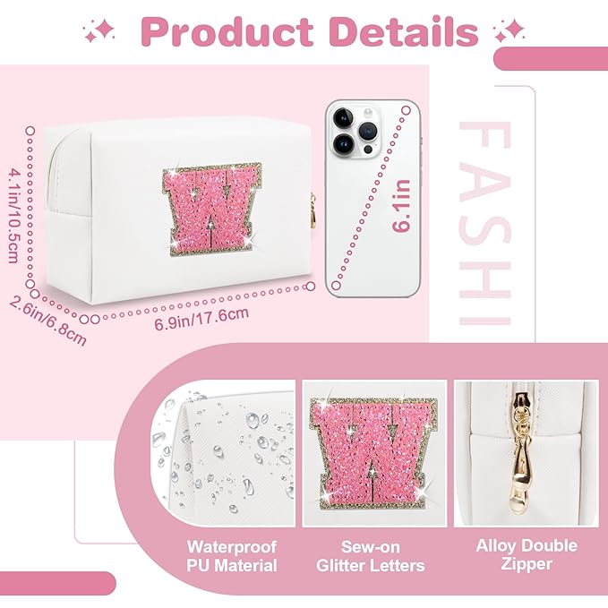 Small Initial Patch Makeup Bag Personalized Gifts Make Up Bag,White Cute PU Leather Glitter Letter Cosmetic Bag with Zipper,Trendy Portable Travel Toiletry Pouch,Preppy Stuff for Teen Girls Women W