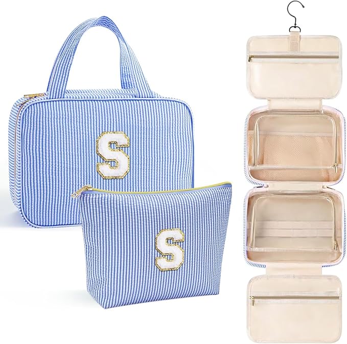 YOOLIFE Hanging Toiletry Bag - Large Capacity Personalized Travel Toiletry Bag for Women, Cruise Ship Essentials - Letter S, Blue