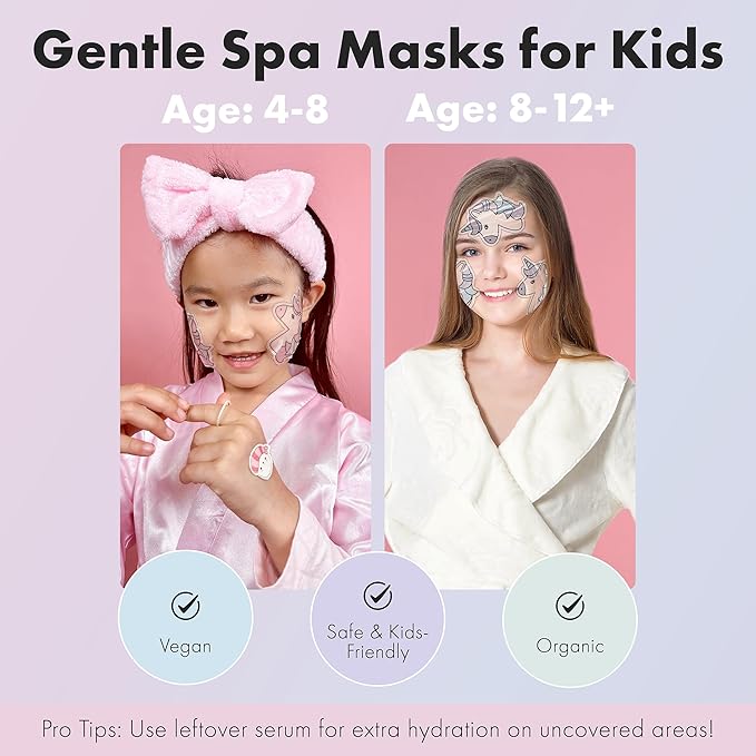 Unicorn Kids Face Masks Skincare Set (20pcs), Organic Vegan & Kid Safe Skin Care Ages 4+, Cute Animal Sheet Masks for Girls, Spa Day, Sleepover, Slumber Party Favors, Stuffs and Gifts for Little Girls