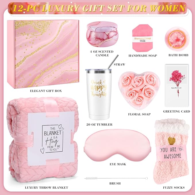 Gift Baskets for Women, Best Birthday Gifts Box, Self Care Gift, Care Package, Get Well Soon Gifts Kit, Unique Ideas Present for Mom Girlfriend Her Sister Wife Friends Woman - Rose Spa Gift Set