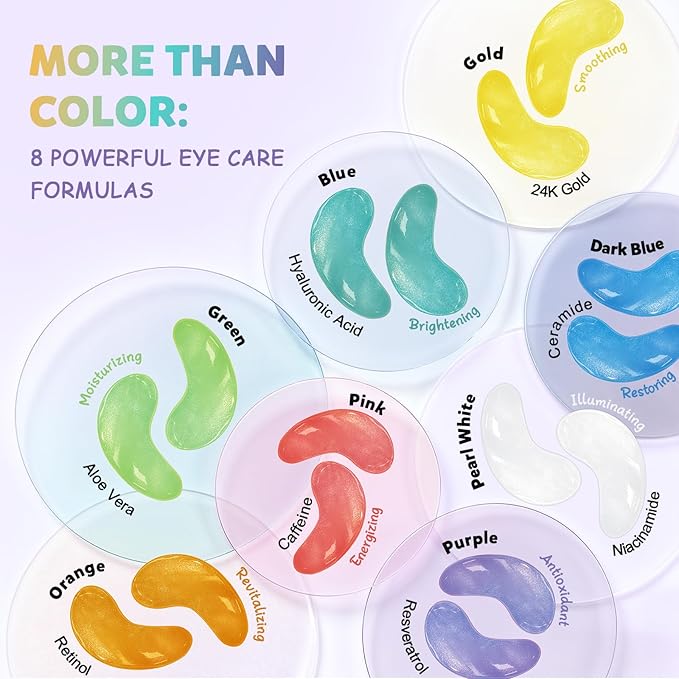 Under Eye Patches Variety Pack (48 Pairs), Eye Masks for Dark Circles Puffy Eyes Undereye Bags With 8 Colors (6 Pairs/Color), Vegan Eye Skin Care Set for Bachelorette Party Favors