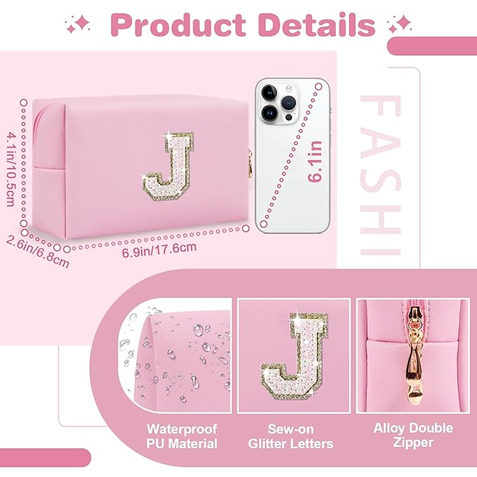 Small Personalized Initial A-Z Patch Makeup Bag,Pink Cute PU Leather Glitter Letter Cosmetic Bag for Teen Girls,Travel Toiletry Bag with Zipper,Preppy Monogrammed Birthday Gift for Daughter Niece J